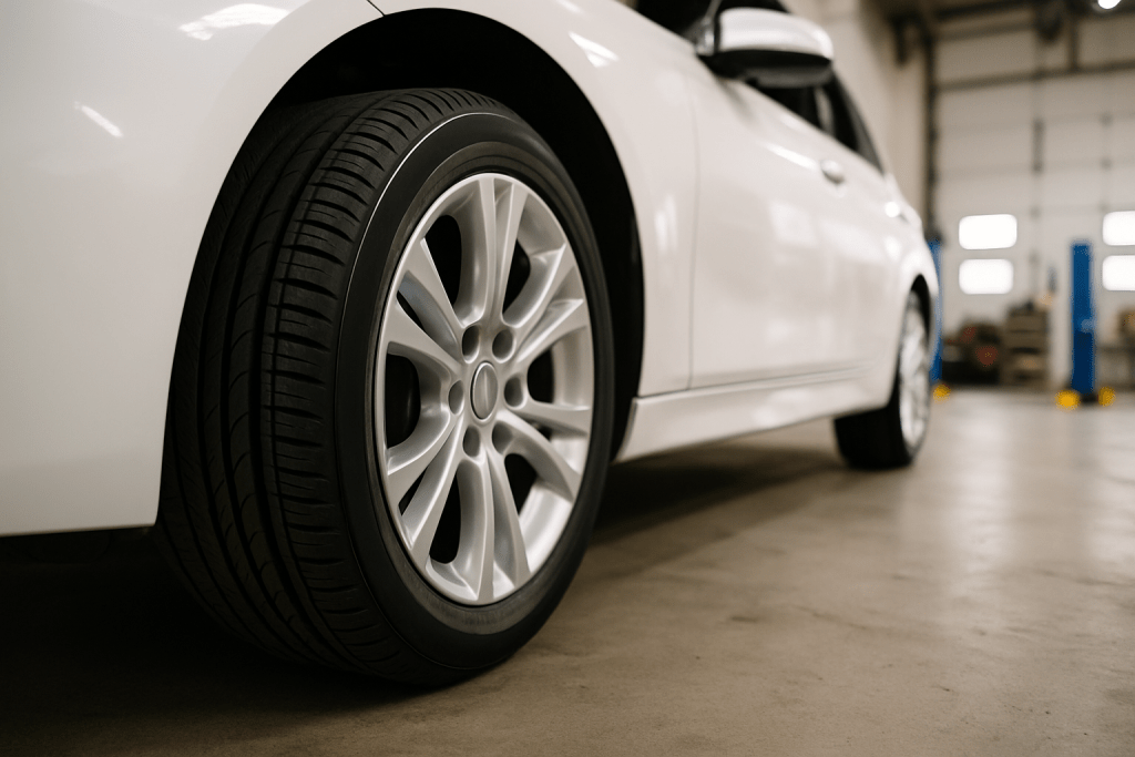 A high-resolution photograph showcases a clean, silver sedan parked inside a professional auto service garage, with bright lighting highlighting the car's polished exterior and a mechanic's workstation visible in the background.