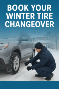 “Mechanic installing winter tires on a car at NMT Auto Service Oakville”