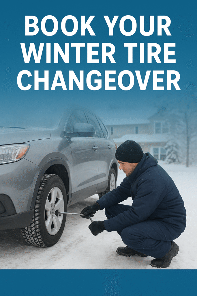 “Mechanic installing winter tires on a car at NMT Auto Service Oakville”